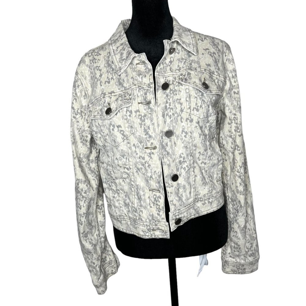 Free People Grey Cream Camo Denim Jean Jacket Fitted Cropped Size Small - Picture 2 of 8